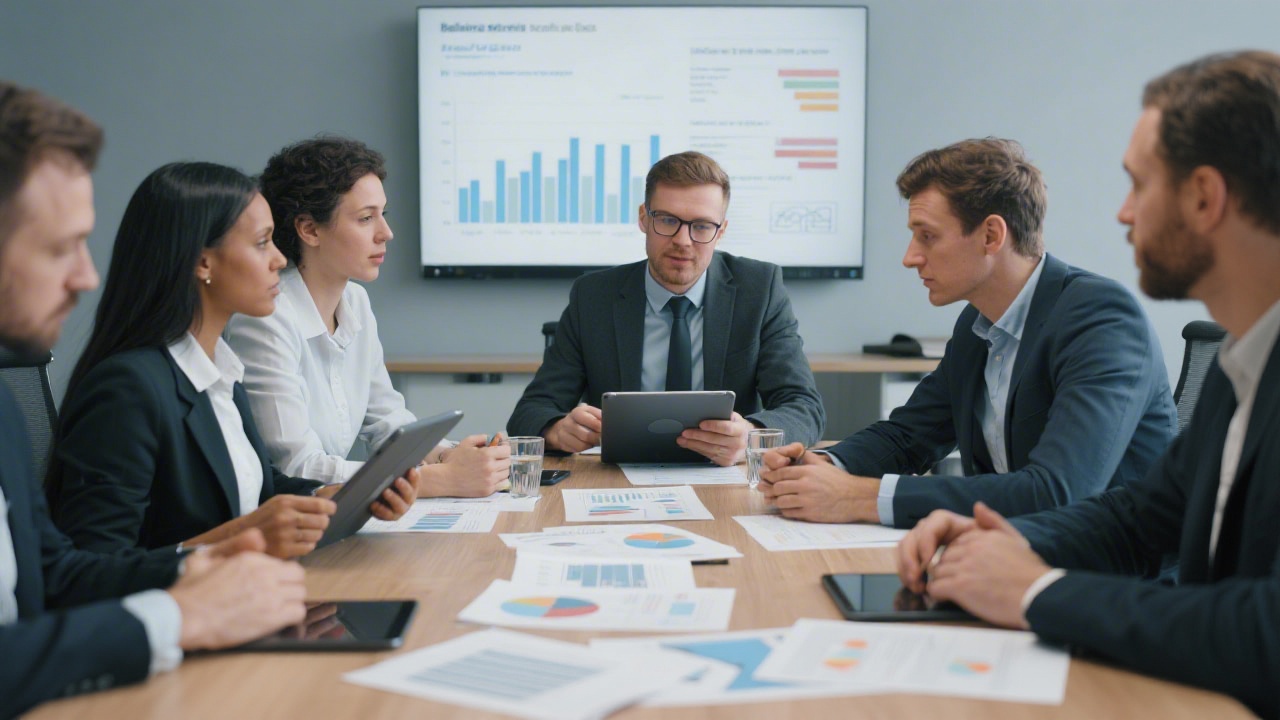 Compact expert team discussing balance sheet policies around collaborative table with digital tablets and annotated printouts supporting decision making workshops.
