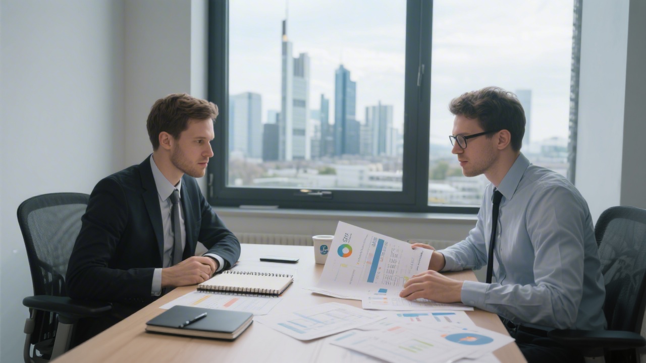 Two analysts collaborating over cash flow statements and valuation models spread across a desk with secure notebooks and Frankfurt skyline visible through window.