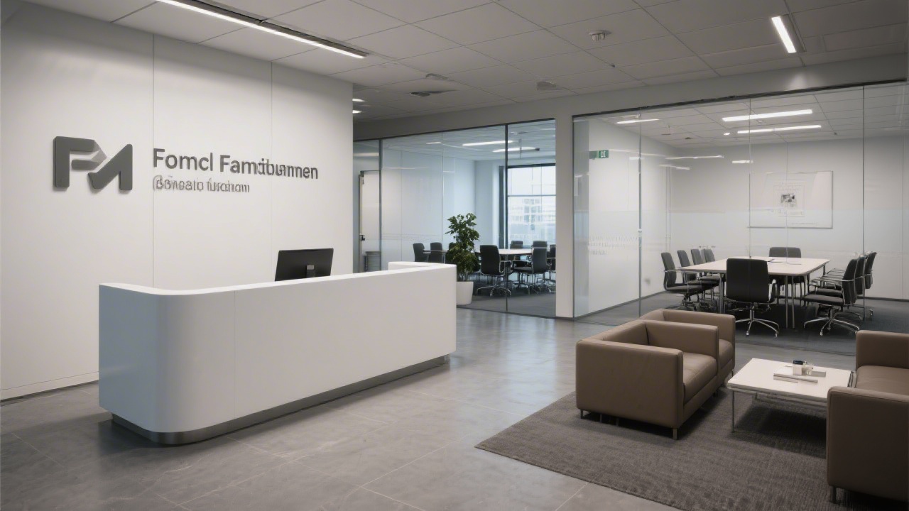 Reception area of Frankfurt office with minimalist signage, meeting rooms in background, and comfortable seating for visiting finance stakeholders.