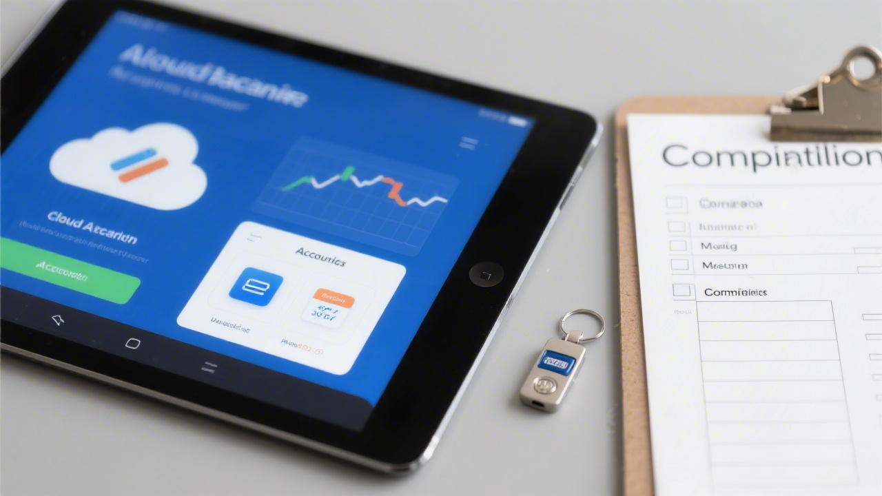 Close-up of cloud-based accounting tools displayed on tablet next to compliance checklist and encrypted hardware token on grey workspace.