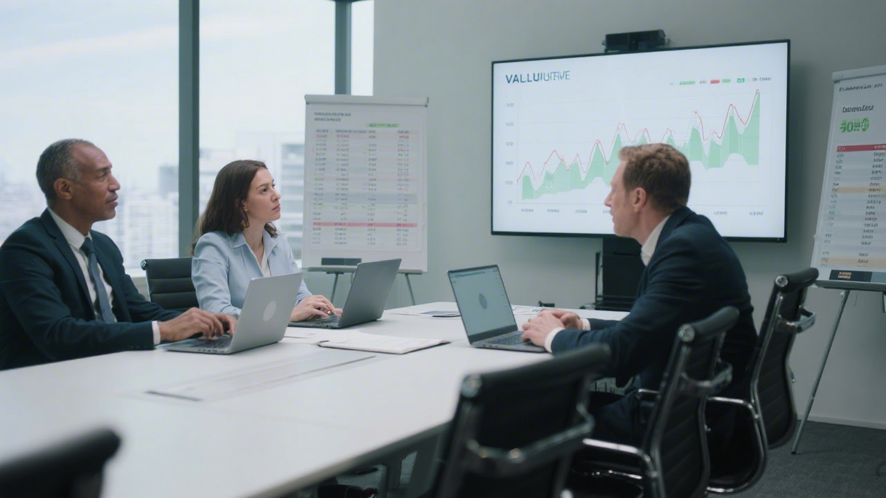 Modern conference room scene with valuation spreadsheets, discounted cash flow charts, and collaboration between finance professionals using laptops.